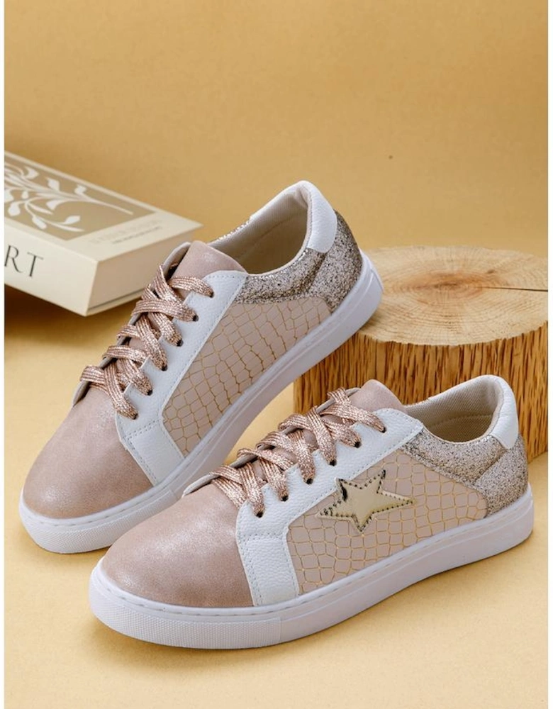 Gold Glitter Star Patchwork PU Leather Lace-up Sneakers