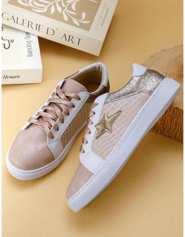 Gold Glitter Star Patchwork PU Leather Lace-up Sneakers