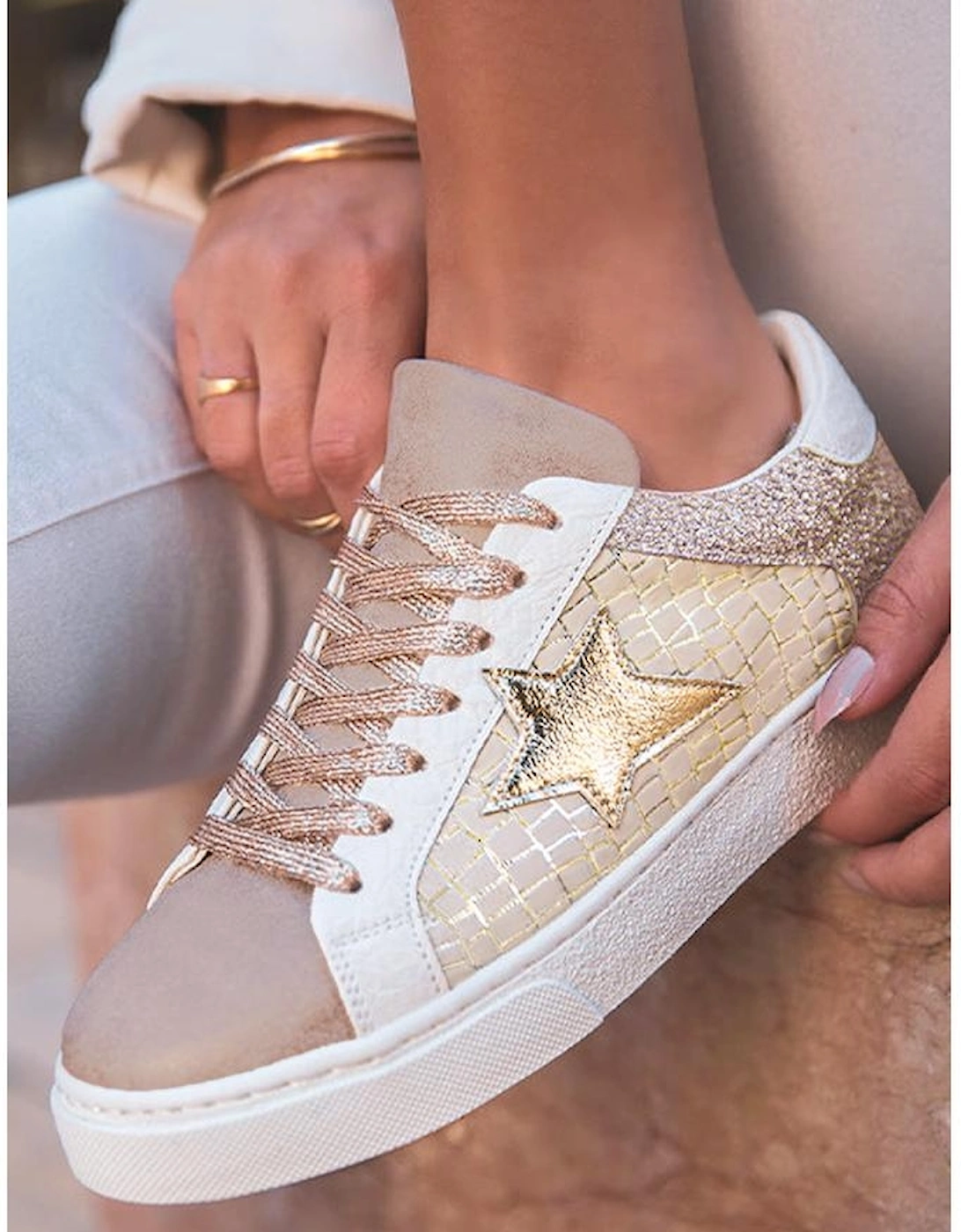 Gold Glitter Star Patchwork PU Leather Lace-up Sneakers, 15 of 14