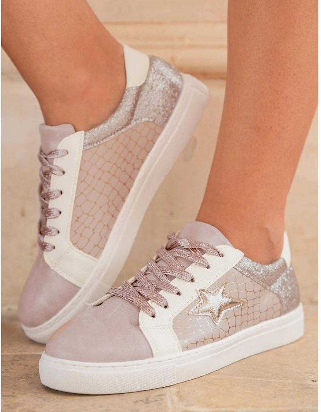 Gold Glitter Star Patchwork PU Leather Lace-up Sneakers