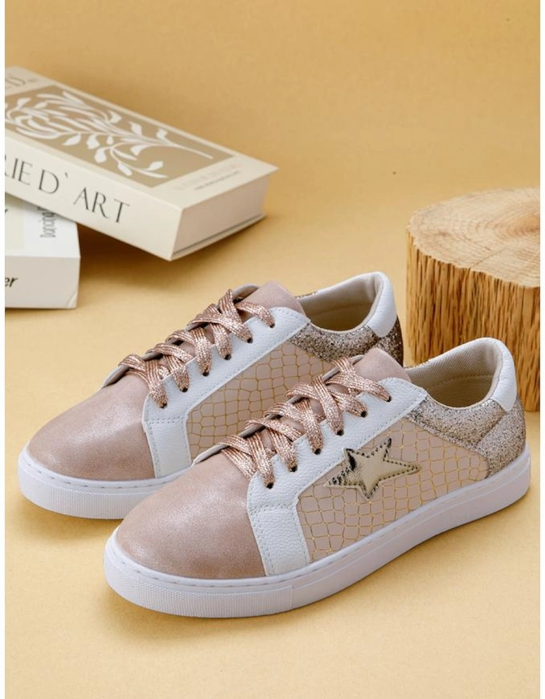 Gold Glitter Star Patchwork PU Leather Lace-up Sneakers