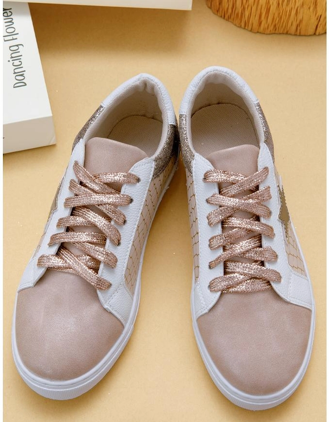 Gold Glitter Star Patchwork PU Leather Lace-up Sneakers