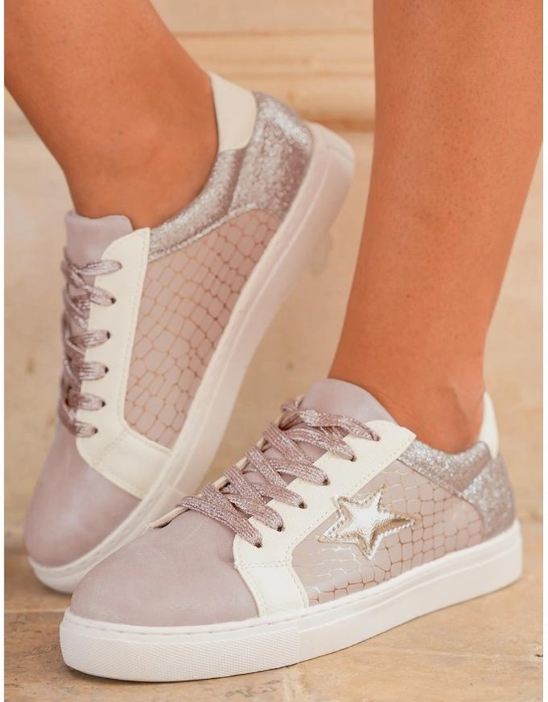 Gold Glitter Star Patchwork PU Leather Lace-up Sneakers