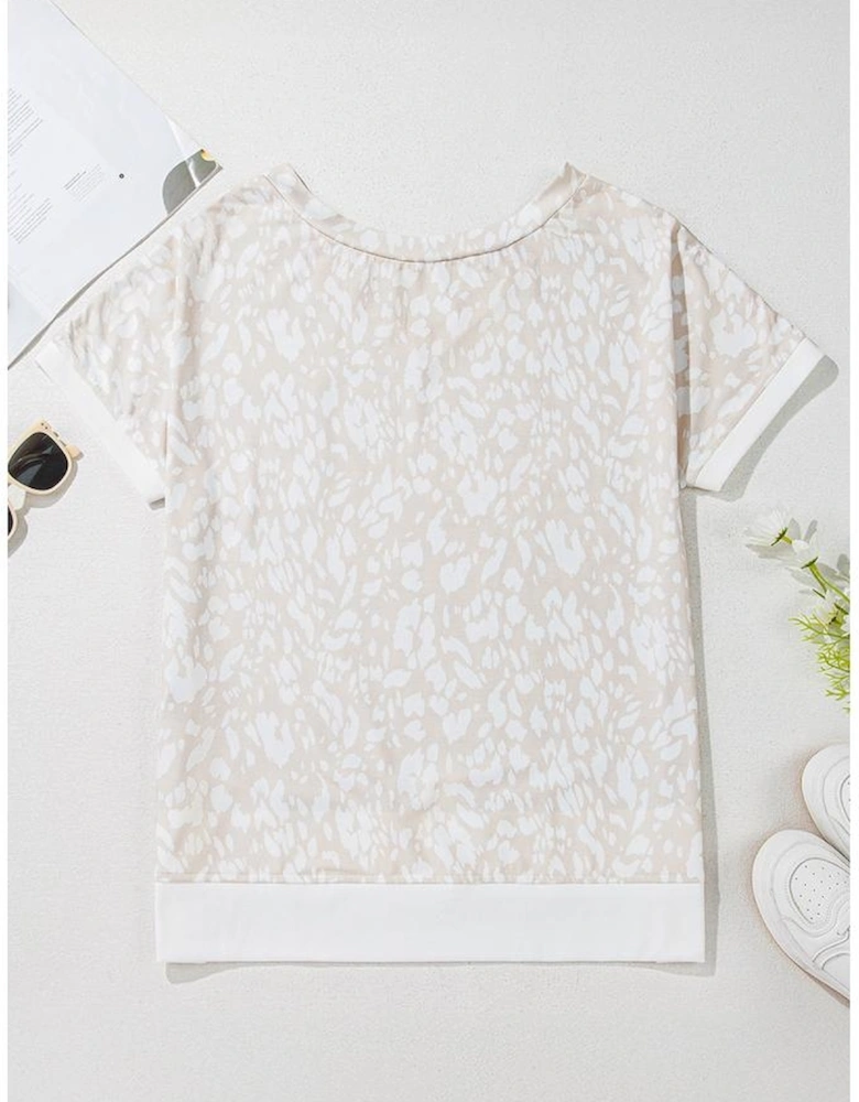 Khaki Leopard Print V Neck Side Slit Loose Fit T Shirt
