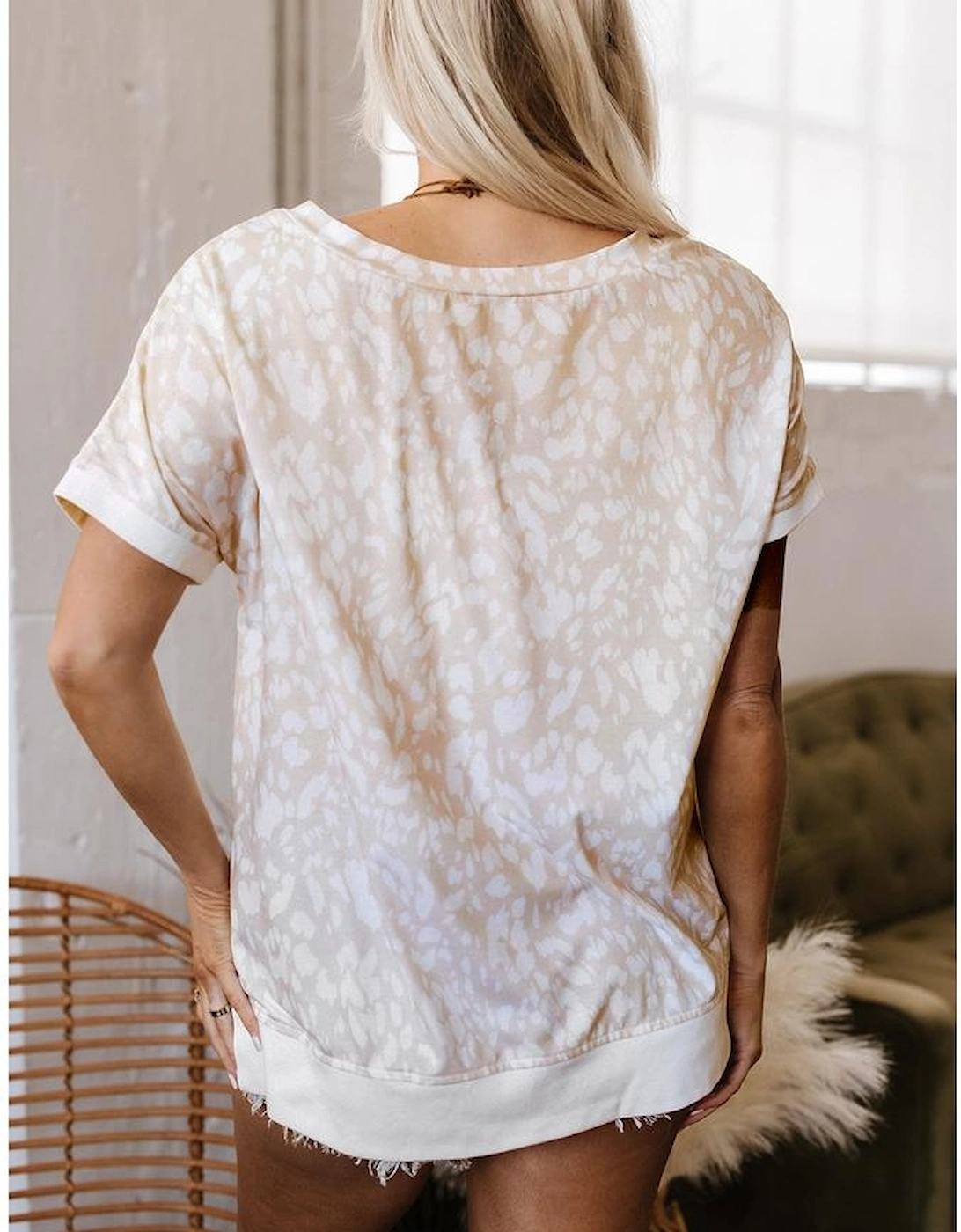 Khaki Leopard Print V Neck Side Slit Loose Fit T Shirt, 16 of 15