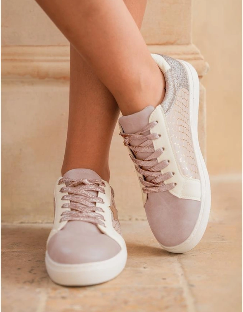 Gold Glitter Star Patchwork PU Leather Lace-up Sneakers