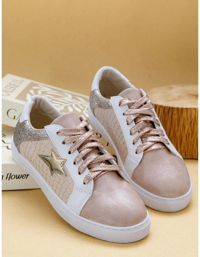 Gold Glitter Star Patchwork PU Leather Lace-up Sneakers