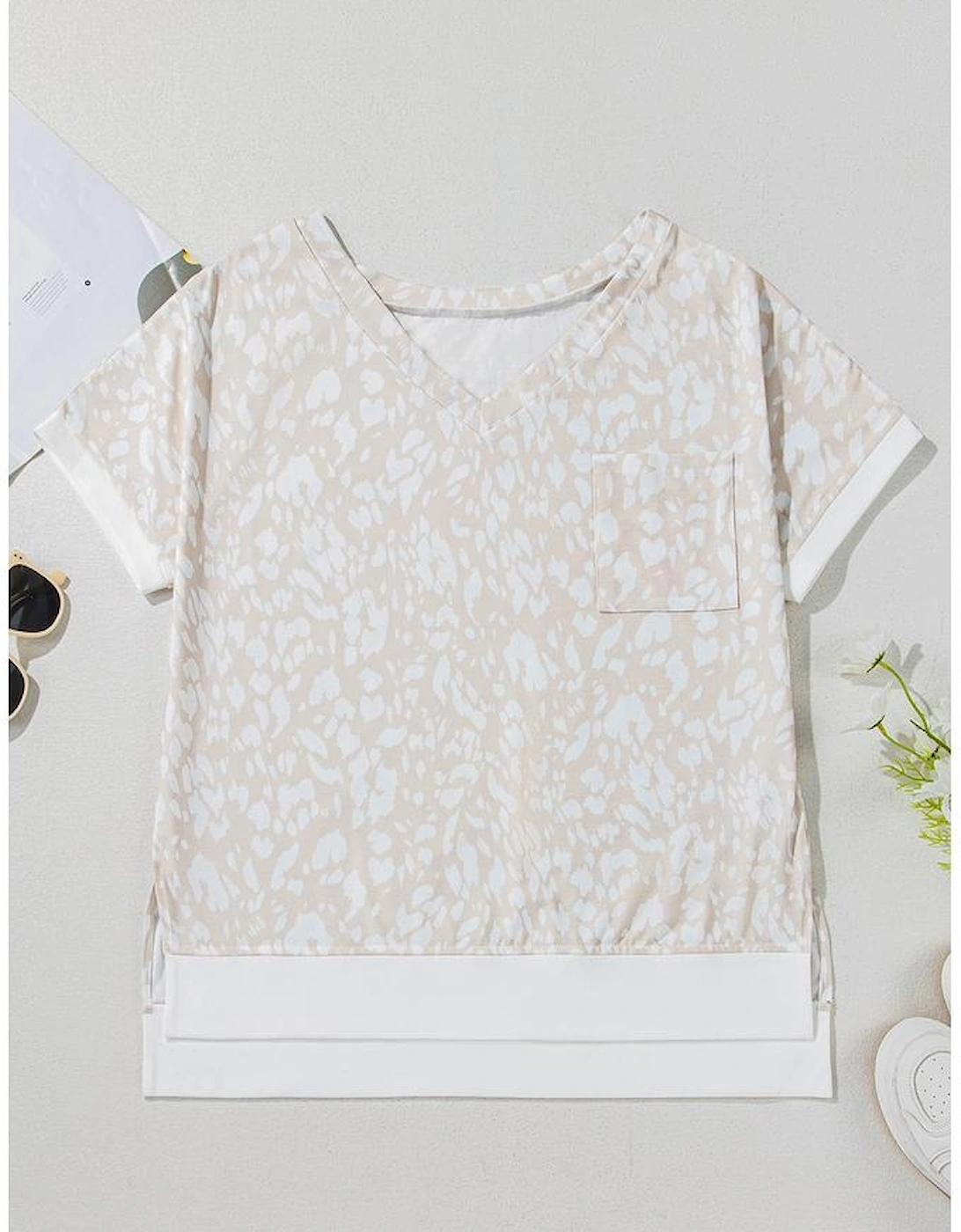 Khaki Leopard Print V Neck Side Slit Loose Fit T Shirt