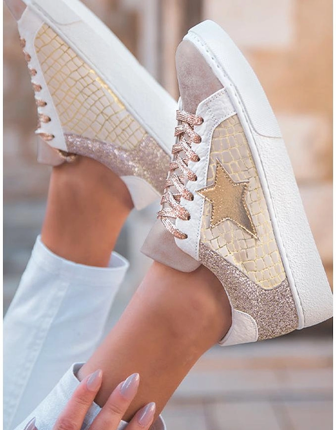 Gold Glitter Star Patchwork PU Leather Lace-up Sneakers