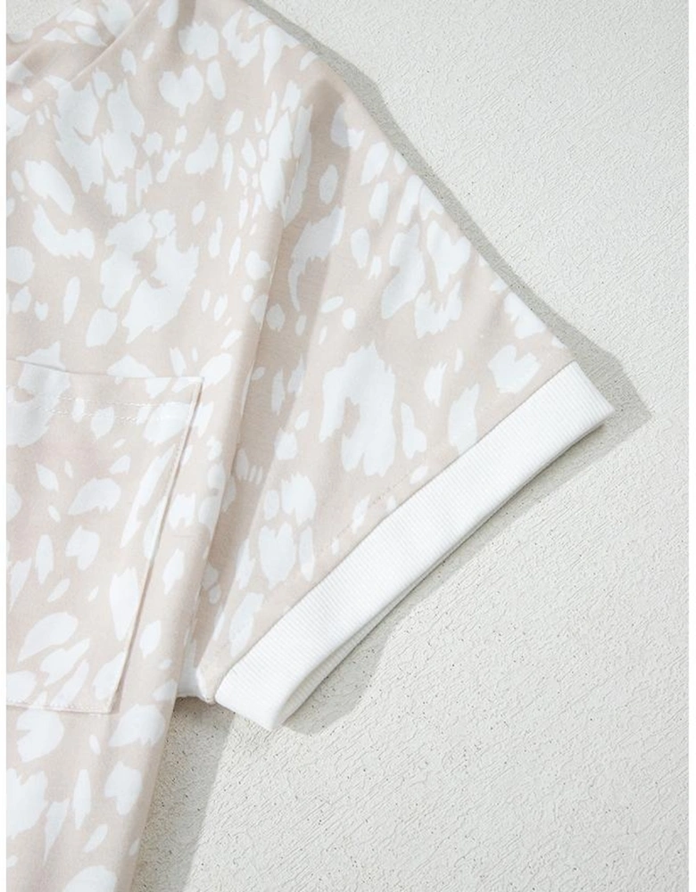 Khaki Leopard Print V Neck Side Slit Loose Fit T Shirt