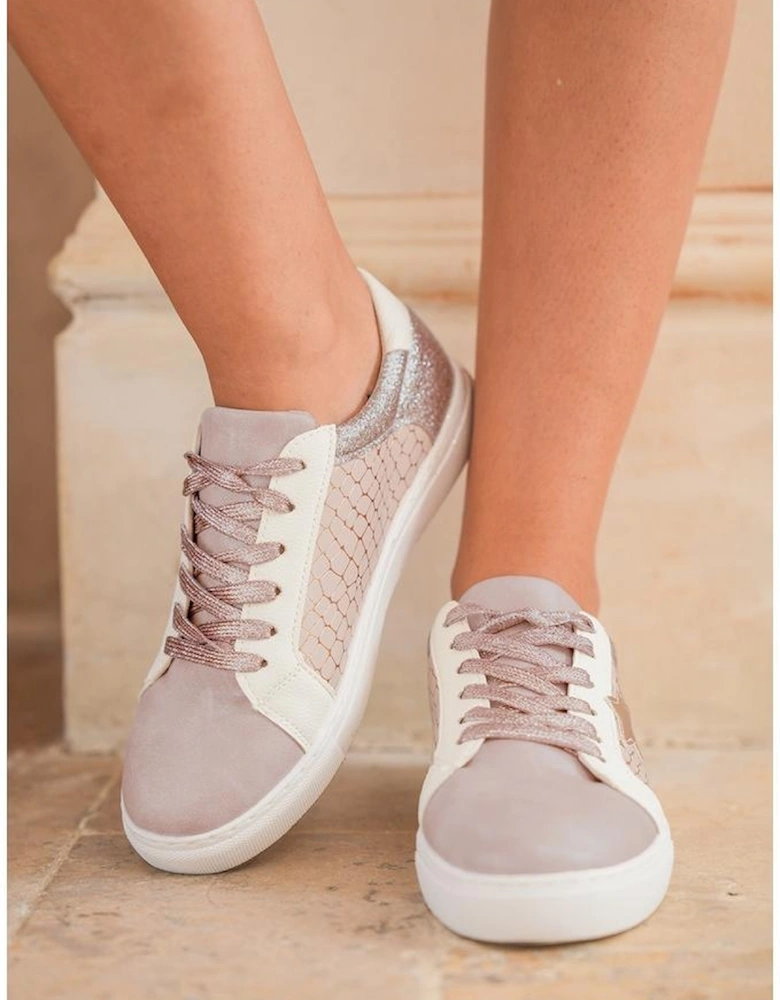 Gold Glitter Star Patchwork PU Leather Lace-up Sneakers