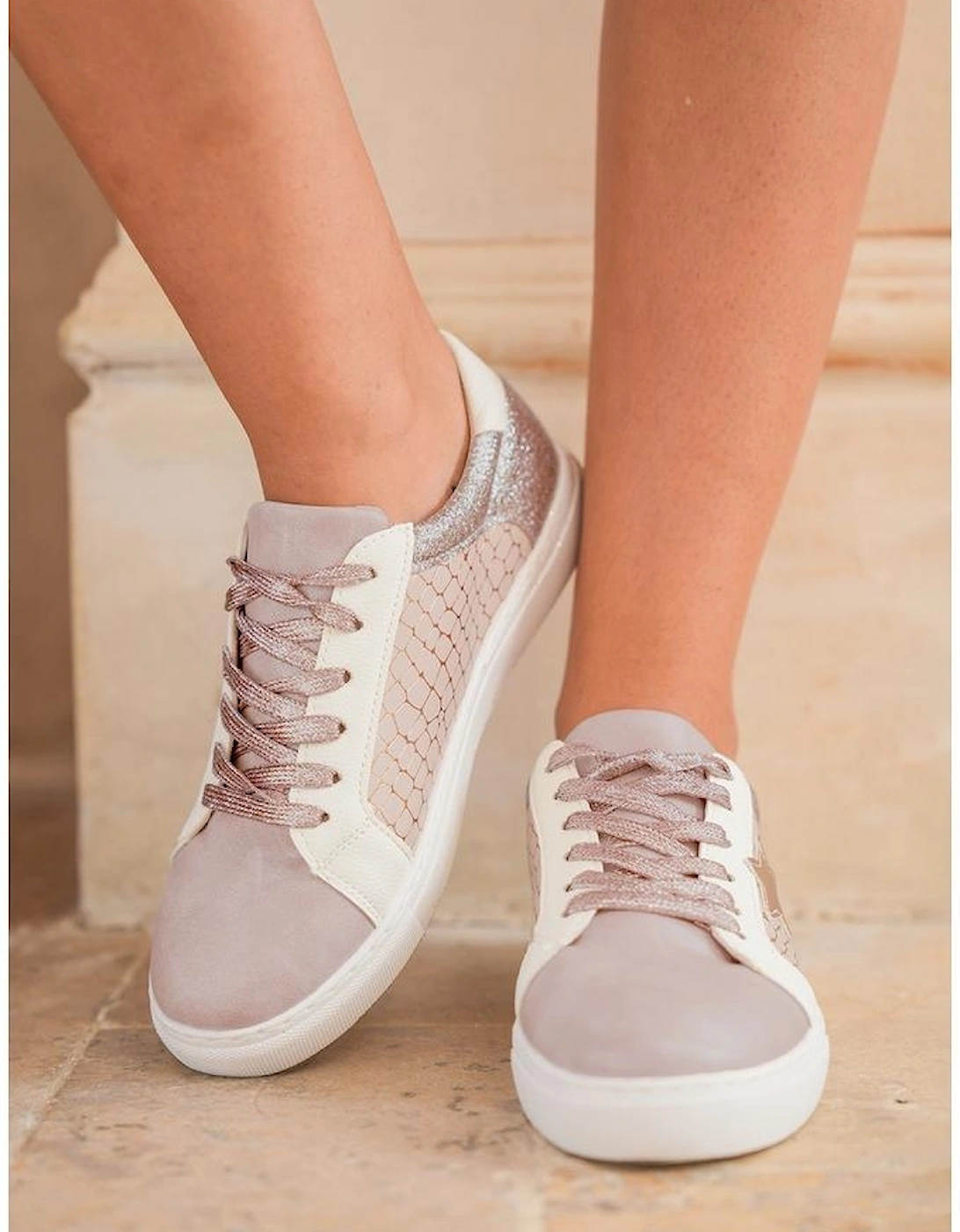 Gold Glitter Star Patchwork PU Leather Lace-up Sneakers