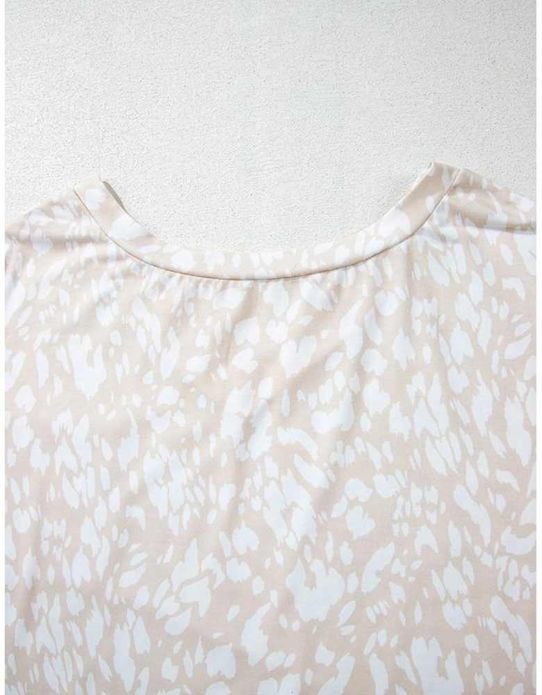 Khaki Leopard Print V Neck Side Slit Loose Fit T Shirt