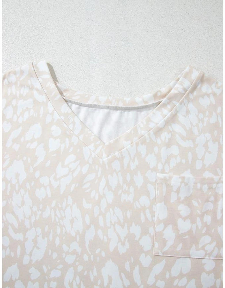Khaki Leopard Print V Neck Side Slit Loose Fit T Shirt