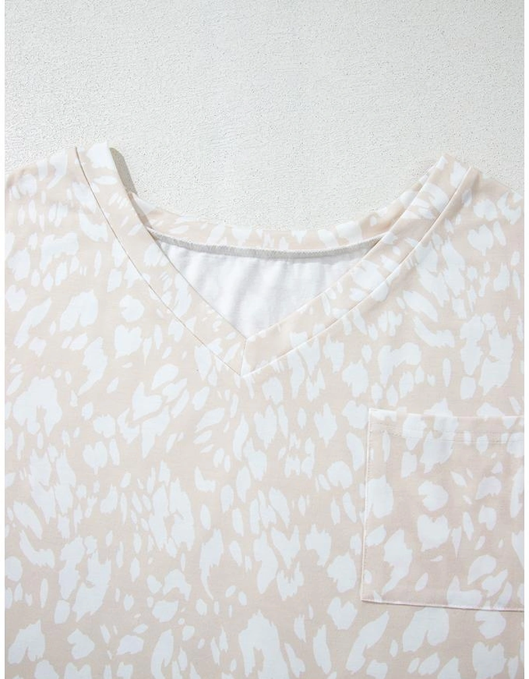 Khaki Leopard Print V Neck Side Slit Loose Fit T Shirt