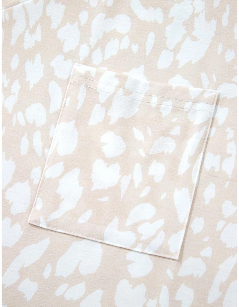 Khaki Leopard Print V Neck Side Slit Loose Fit T Shirt