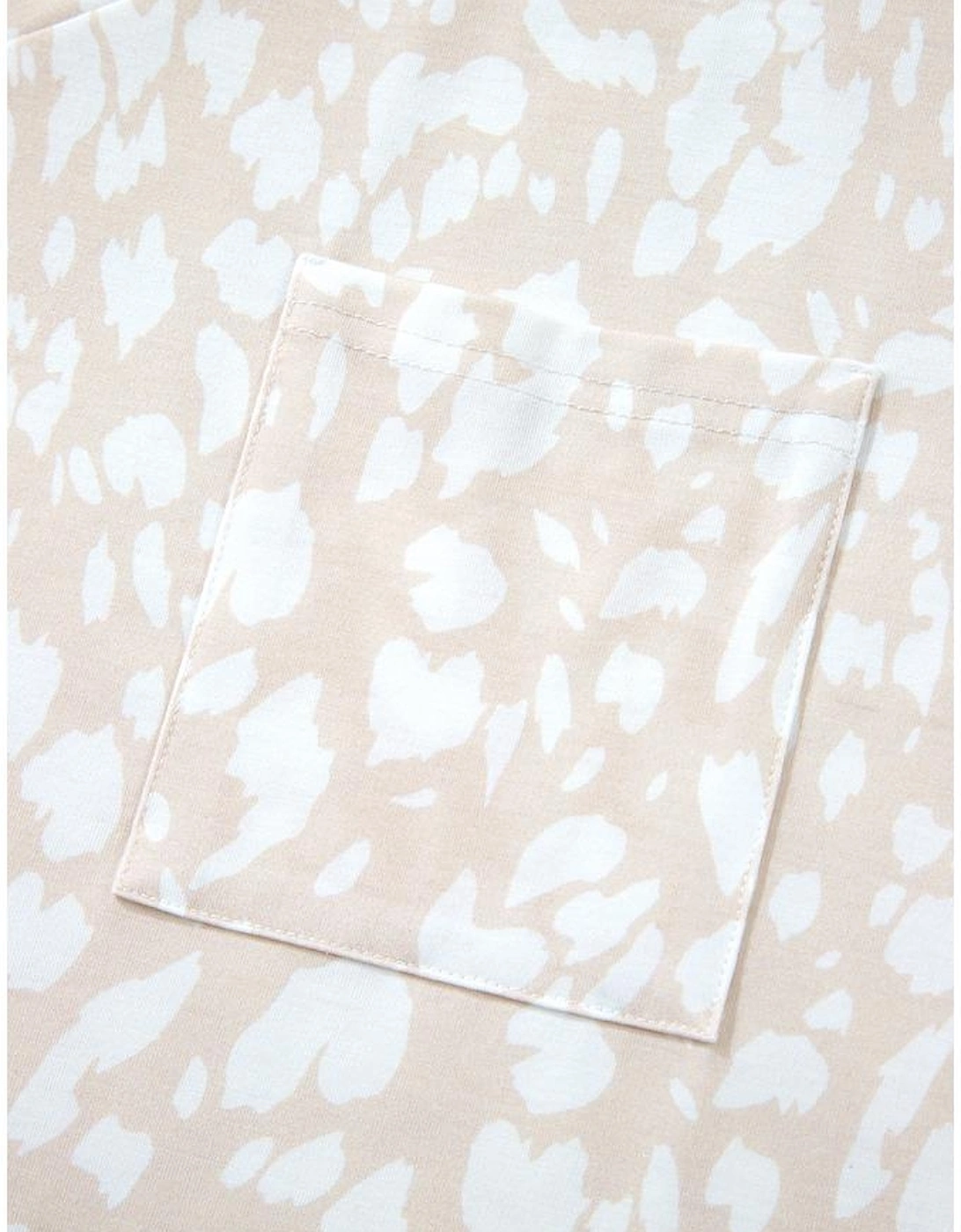 Khaki Leopard Print V Neck Side Slit Loose Fit T Shirt