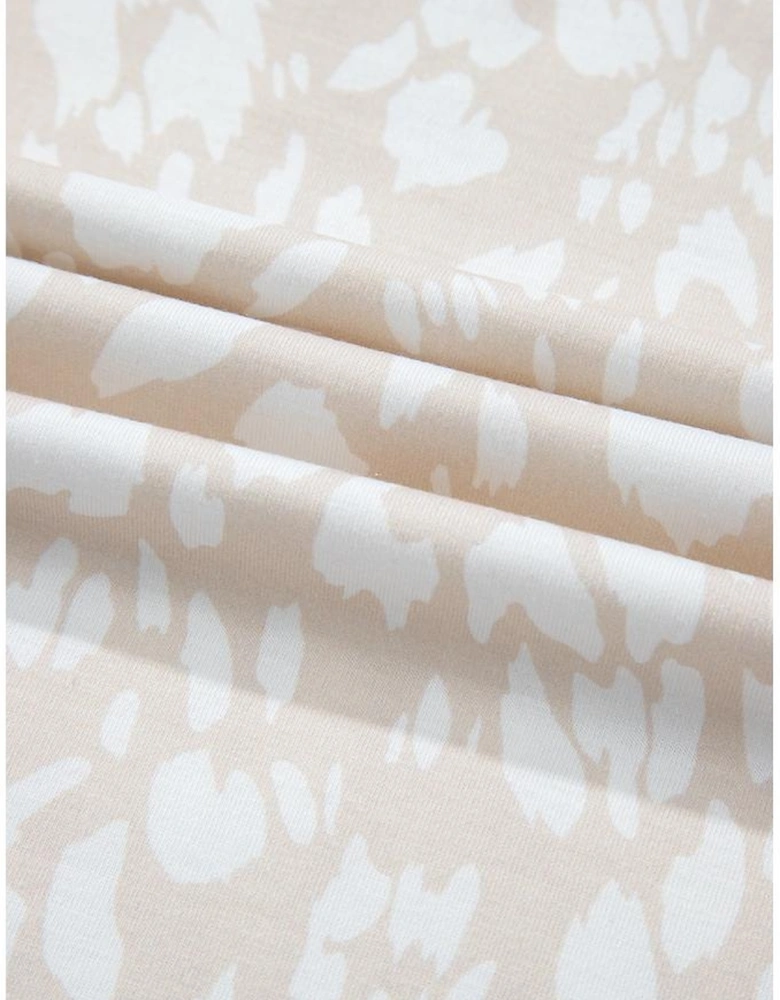 Khaki Leopard Print V Neck Side Slit Loose Fit T Shirt