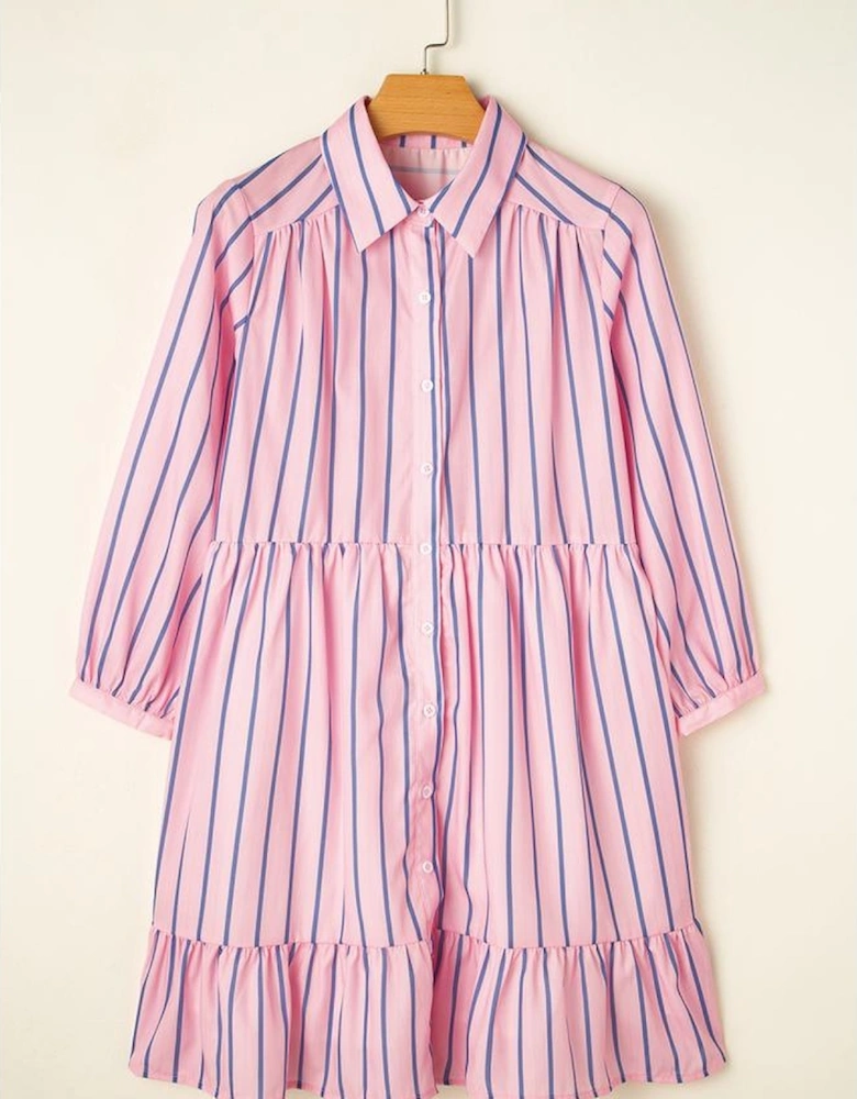 Pink Stripe Ruffled Hem Button-up Collared Shirt Mini Dress
