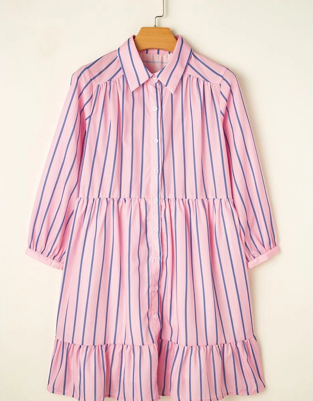 Pink Stripe Ruffled Hem Button-up Collared Shirt Mini Dress