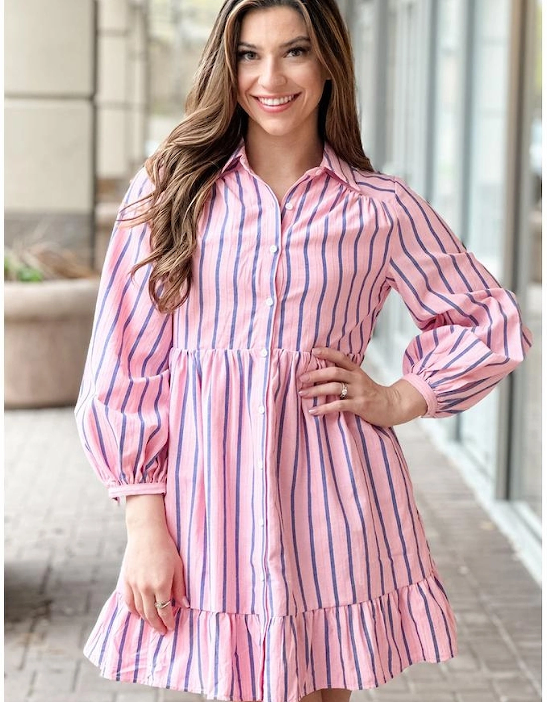 Pink Stripe Ruffled Hem Button-up Collared Shirt Mini Dress