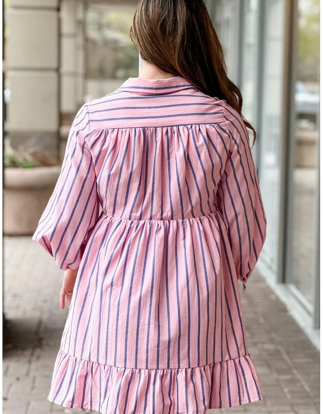 Pink Stripe Ruffled Hem Button-up Collared Shirt Mini Dress