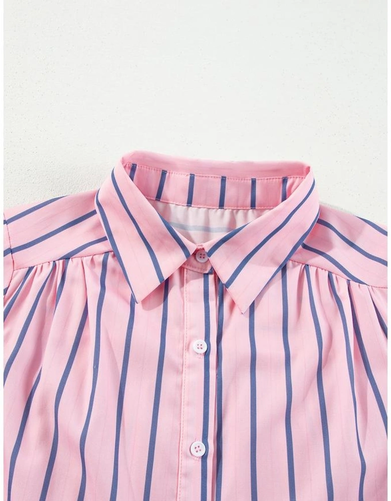 Pink Stripe Ruffled Hem Button-up Collared Shirt Mini Dress