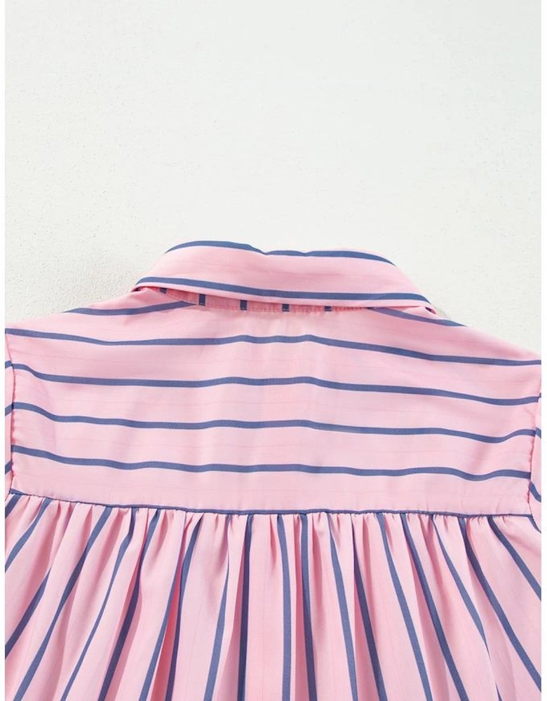Pink Stripe Ruffled Hem Button-up Collared Shirt Mini Dress