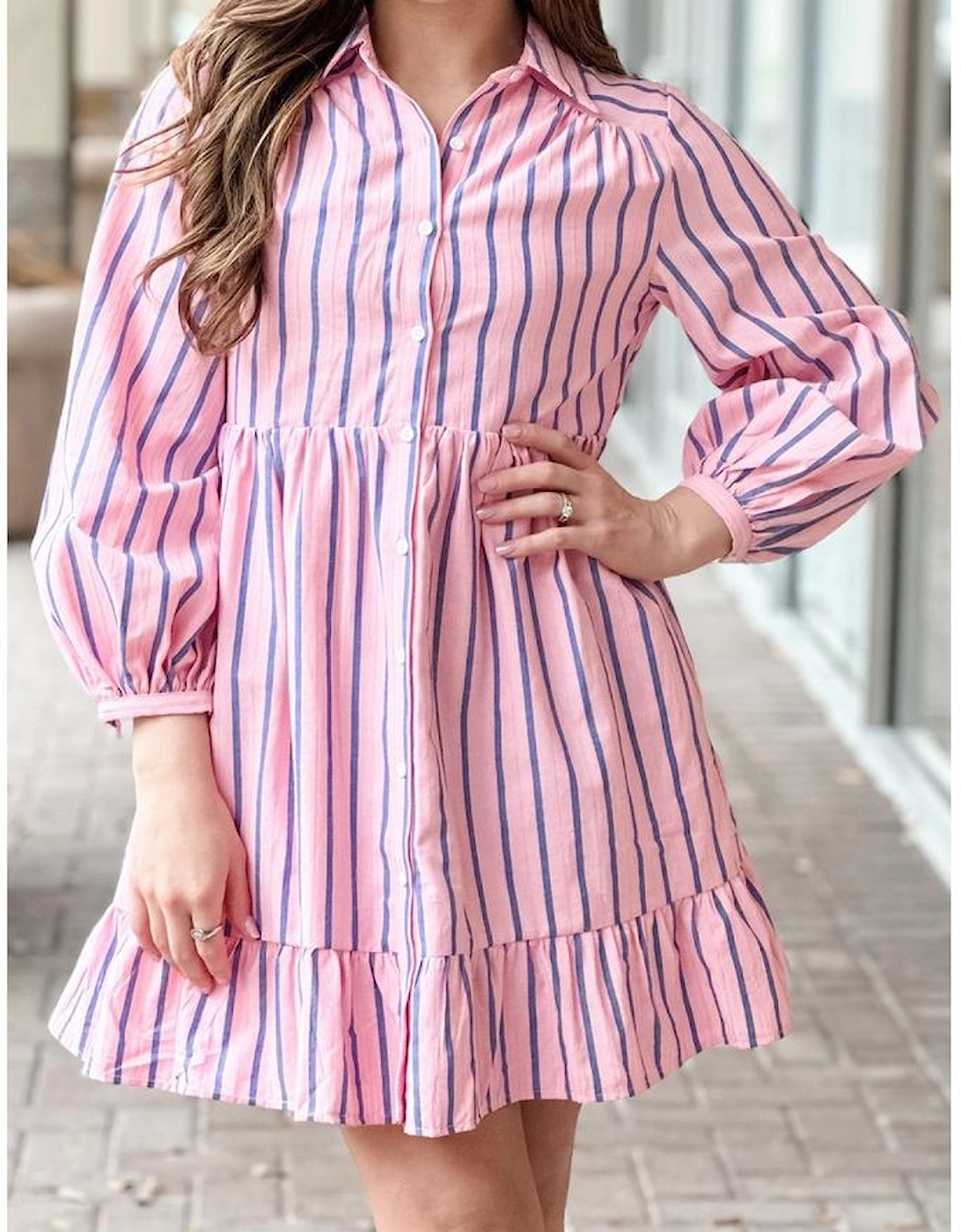 Pink Stripe Ruffled Hem Button-up Collared Shirt Mini Dress, 11 of 10
