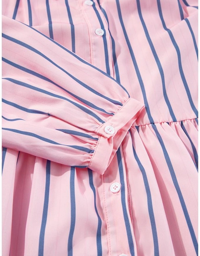 Pink Stripe Ruffled Hem Button-up Collared Shirt Mini Dress