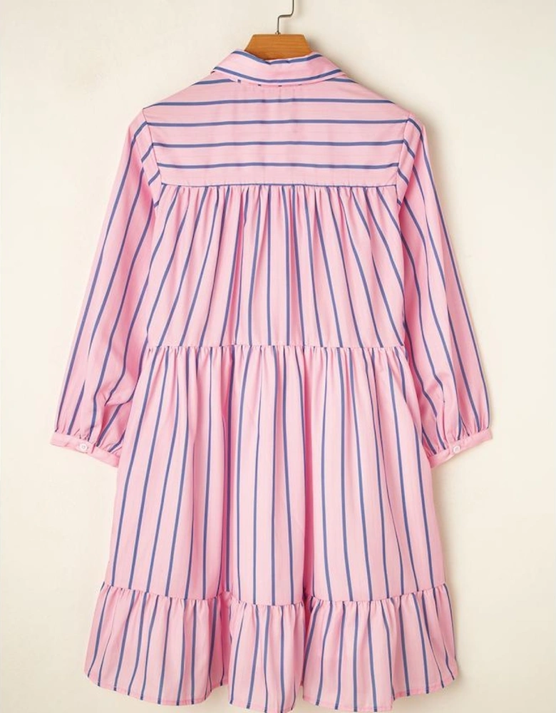 Pink Stripe Ruffled Hem Button-up Collared Shirt Mini Dress