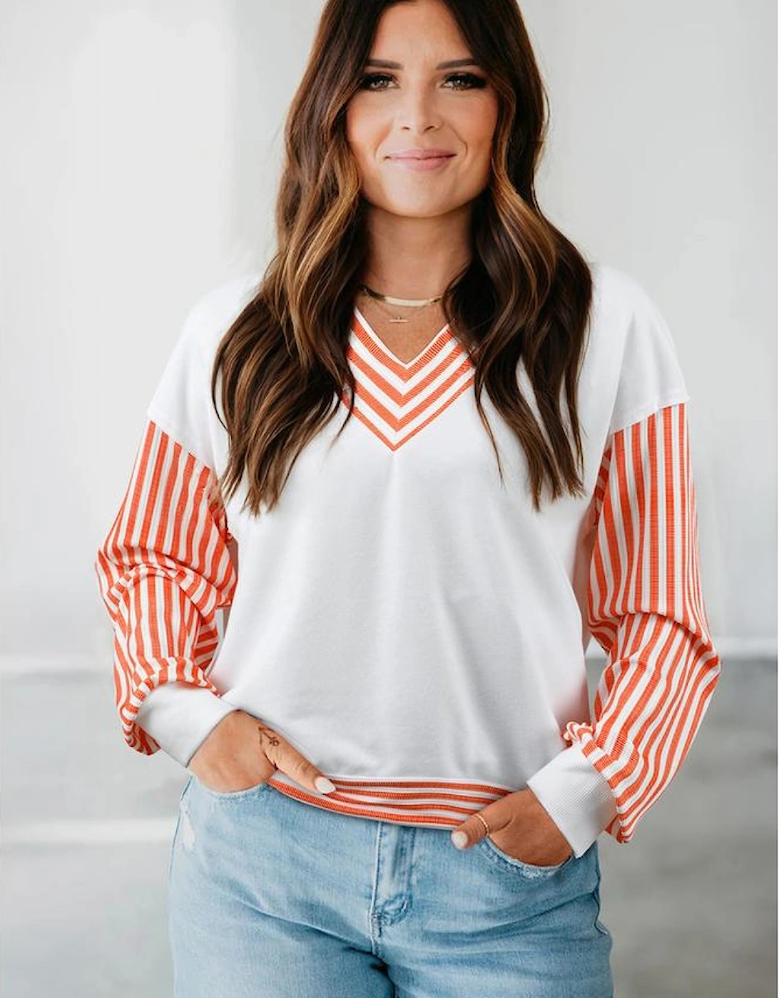 Orange Stripe  V Neck Drop Shoulder Patchwork Long Sleeve Top