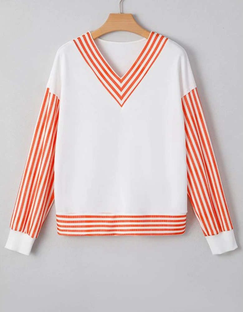 Orange Stripe  V Neck Drop Shoulder Patchwork Long Sleeve Top