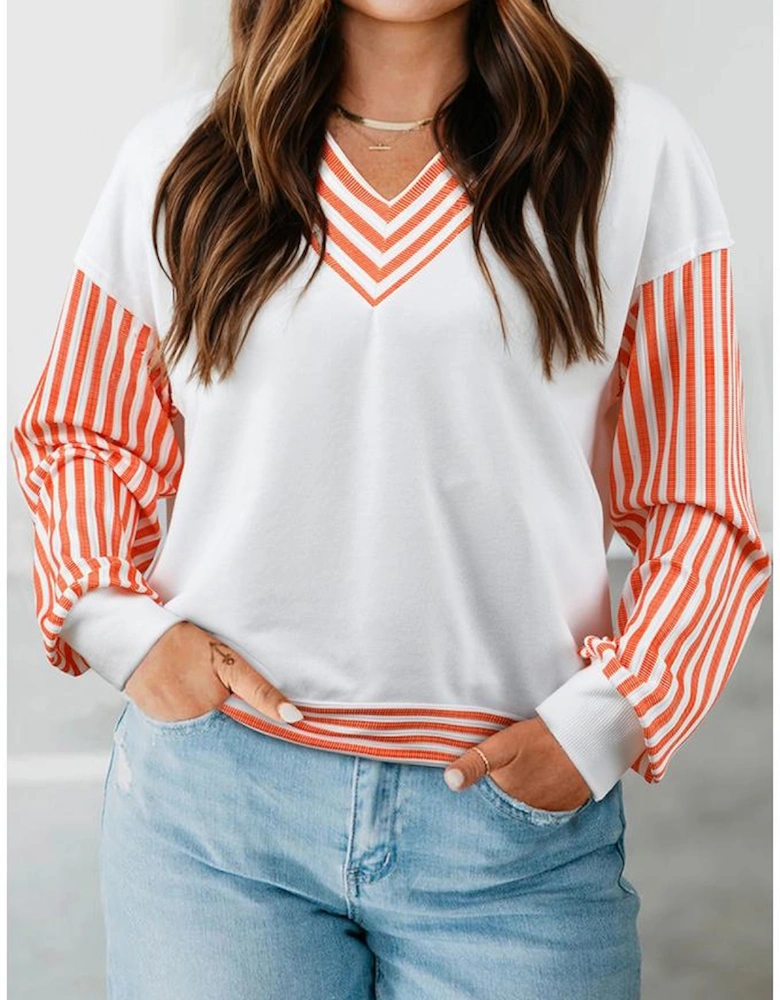 Orange Stripe  V Neck Drop Shoulder Patchwork Long Sleeve Top
