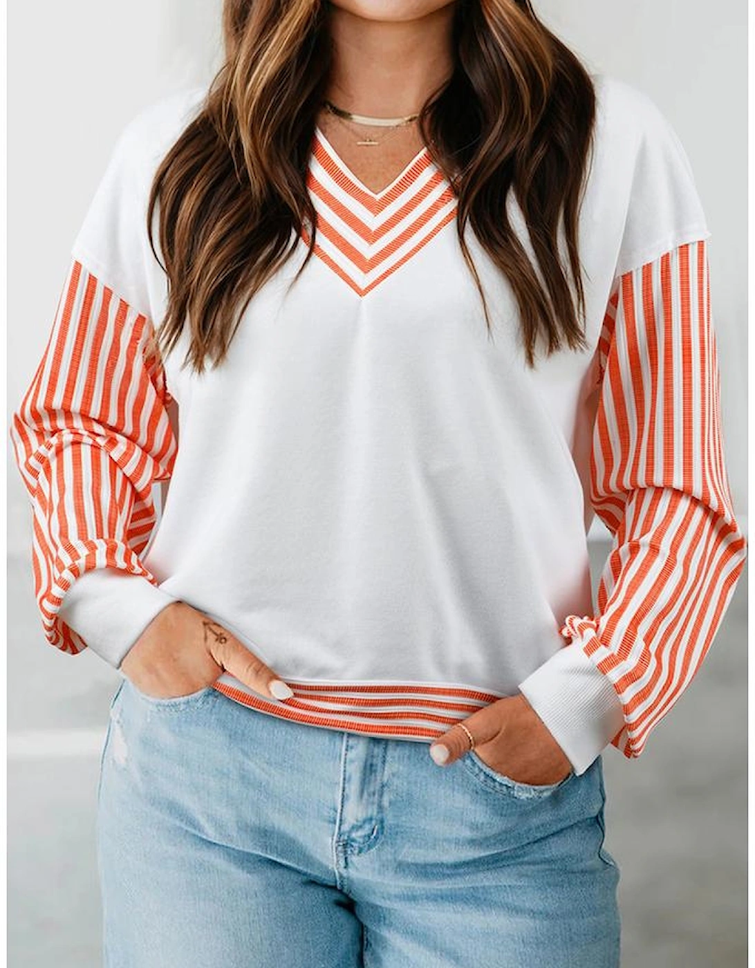 Orange Stripe  V Neck Drop Shoulder Patchwork Long Sleeve Top