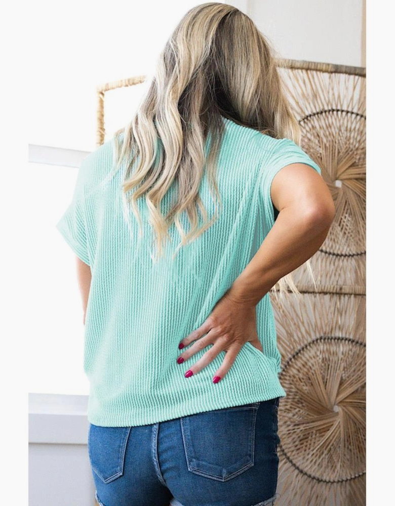 Light Blue Twisted Rib Contrast Pocket Knit Crew Neck Plus Size T Shirt
