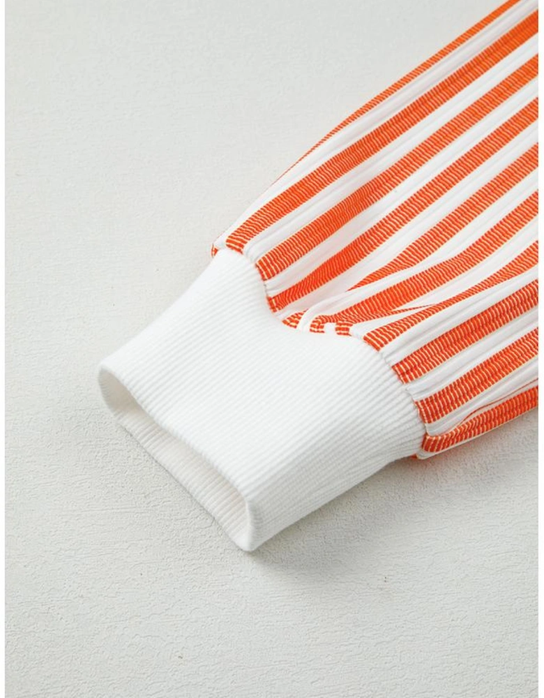 Orange Stripe  V Neck Drop Shoulder Patchwork Long Sleeve Top