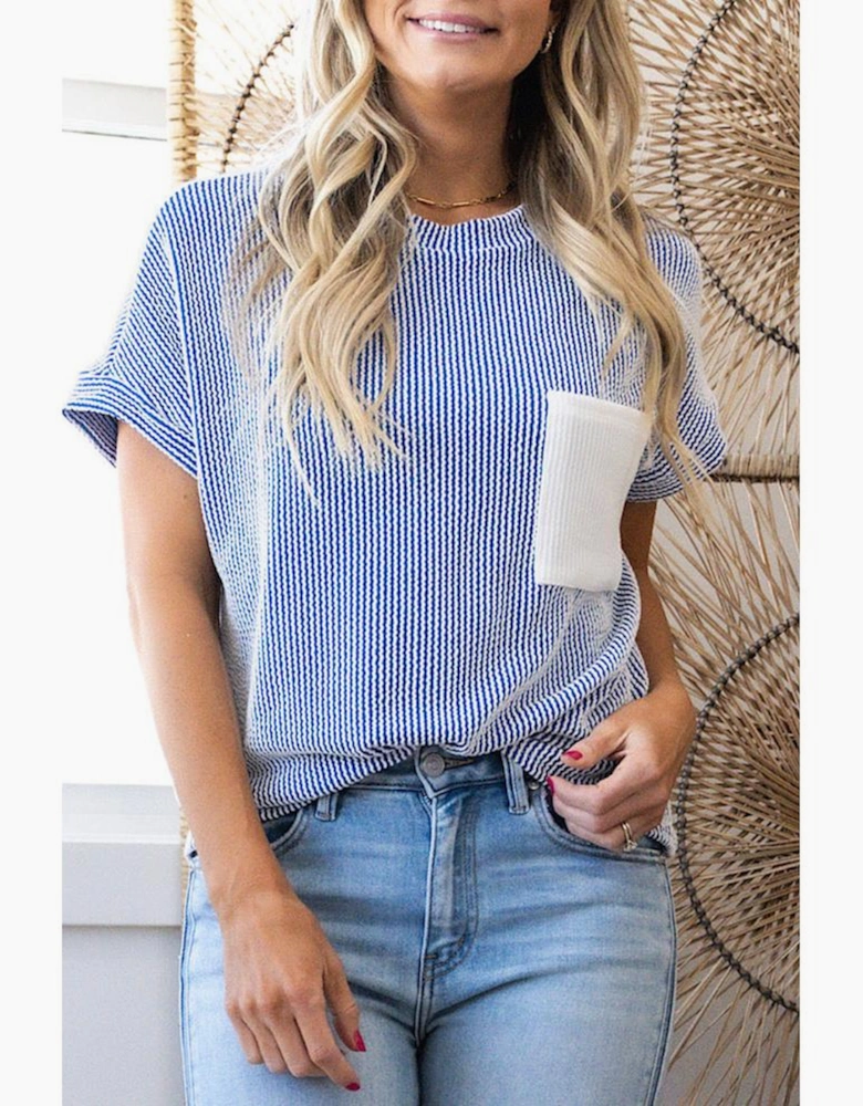 Dark Blue Corded Knit Color Block Pocketed Crew Neck T Shirt