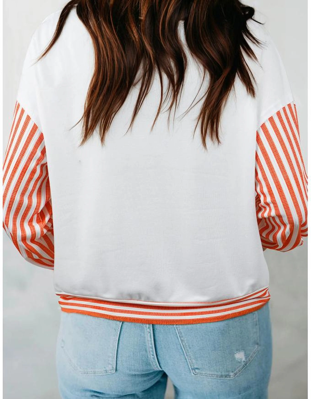 Orange Stripe  V Neck Drop Shoulder Patchwork Long Sleeve Top, 10 of 9