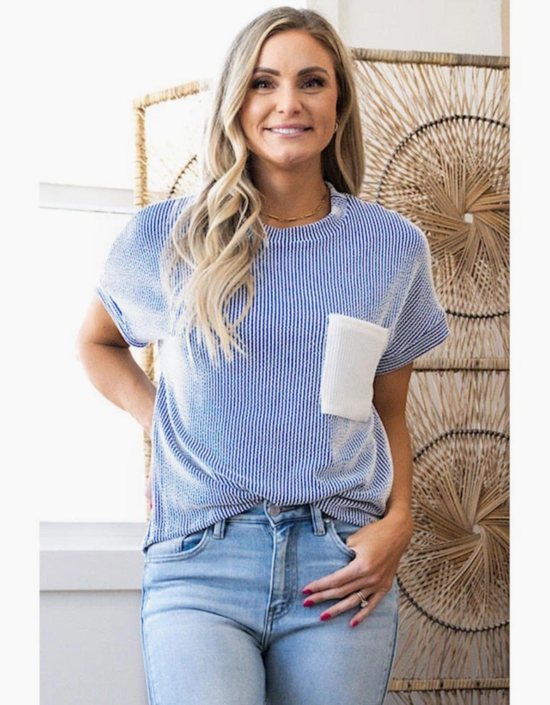 Dark Blue Corded Knit Color Block Pocketed Crew Neck T Shirt