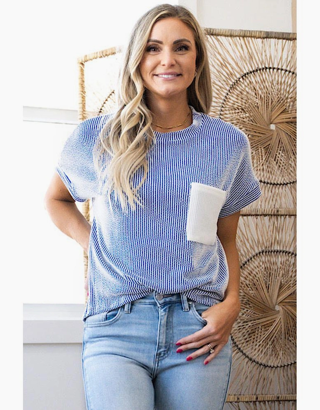 Dark Blue Corded Knit Color Block Pocketed Crew Neck T Shirt