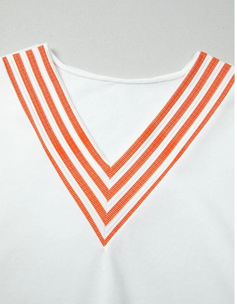 Orange Stripe  V Neck Drop Shoulder Patchwork Long Sleeve Top