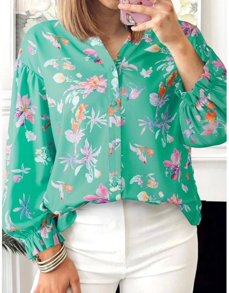 Green Floral Lantern Sleeve Button Front Shirt