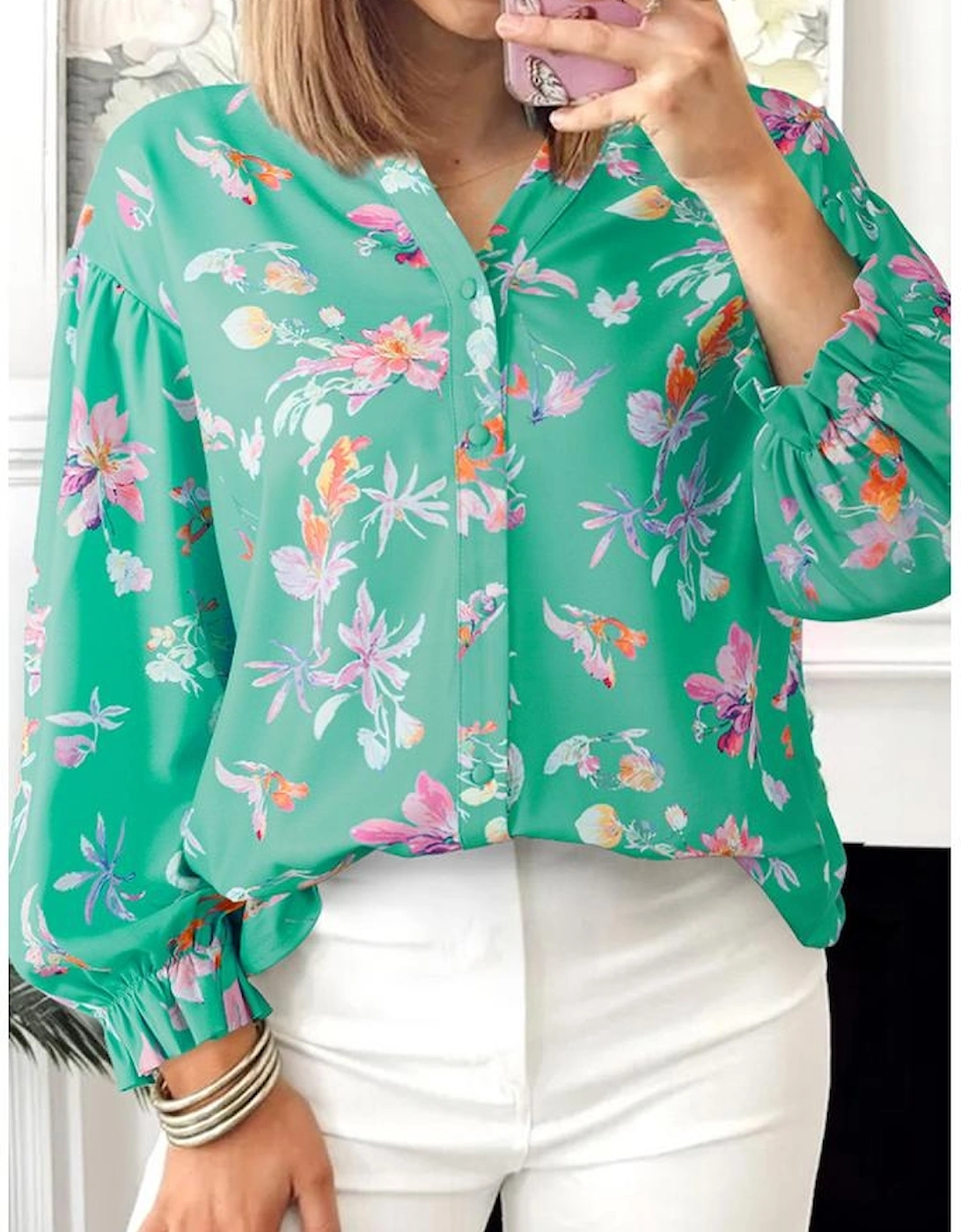 Green Floral Lantern Sleeve Button Front Shirt
