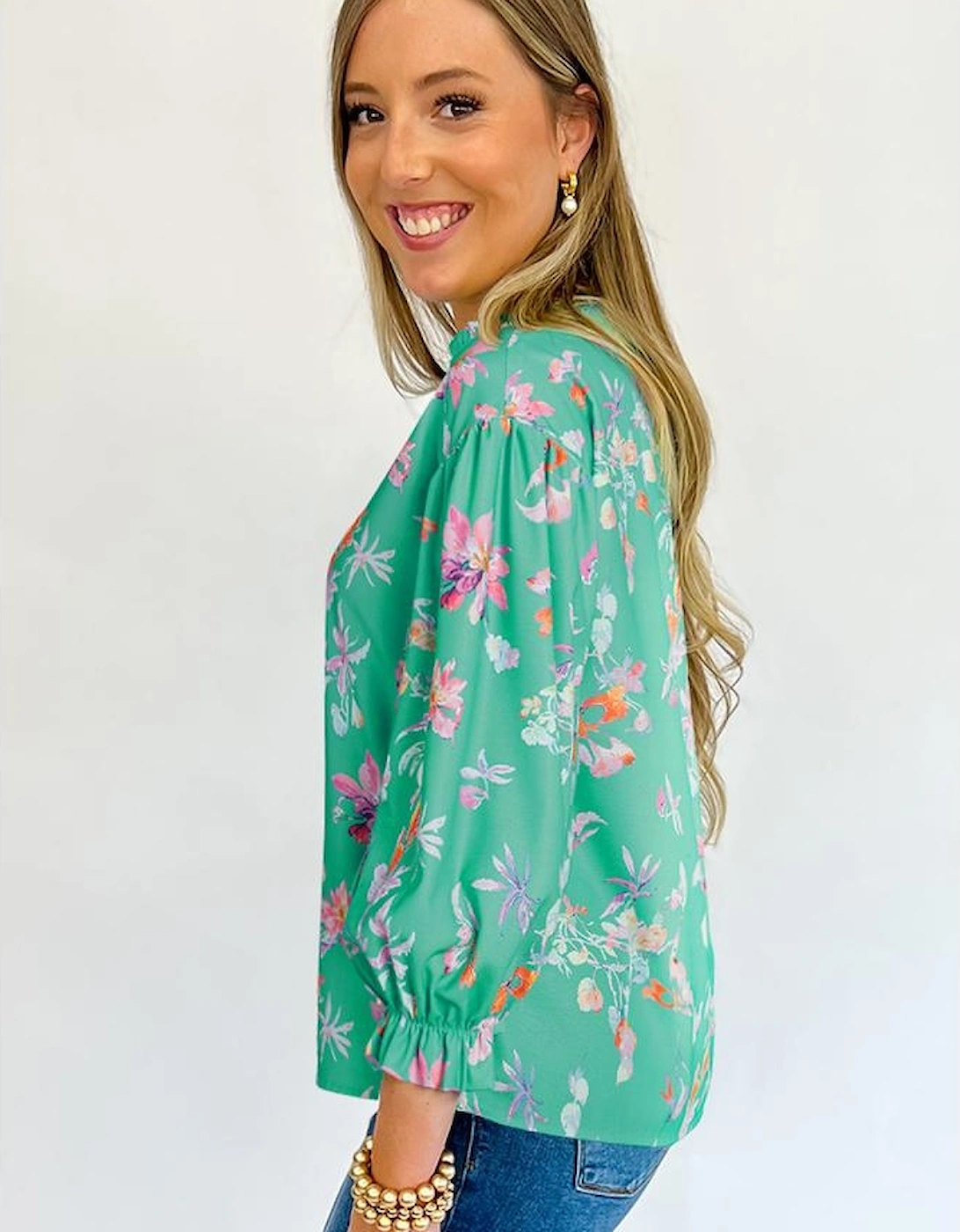 Green Floral Lantern Sleeve Button Front Shirt, 12 of 11