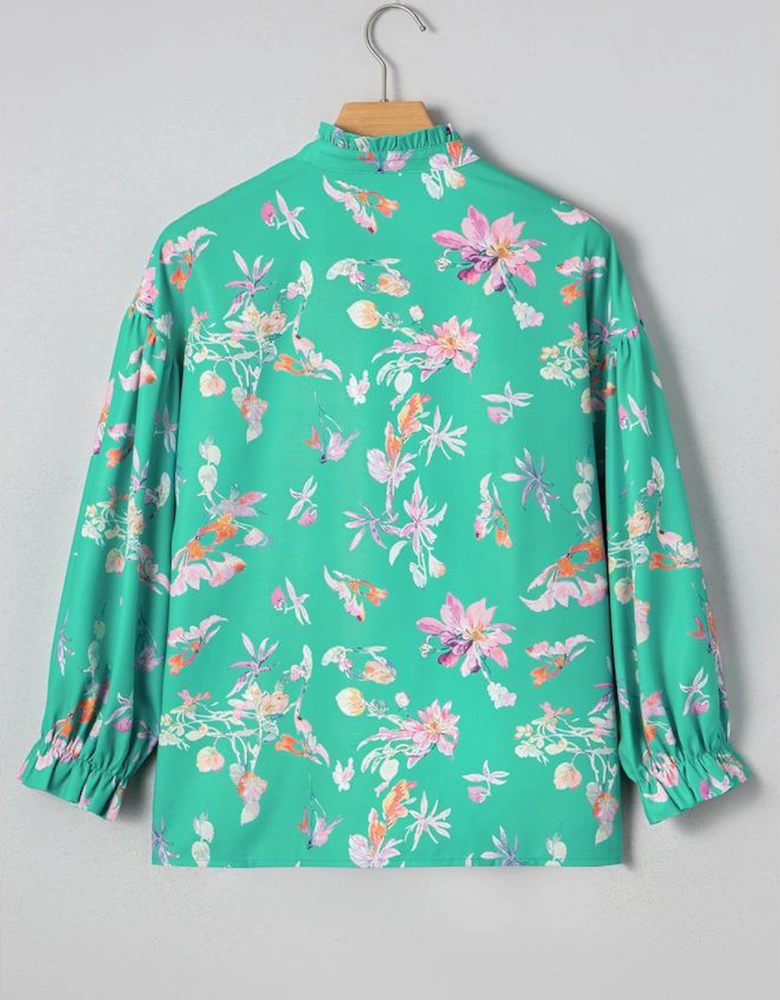 Green Floral Lantern Sleeve Button Front Shirt