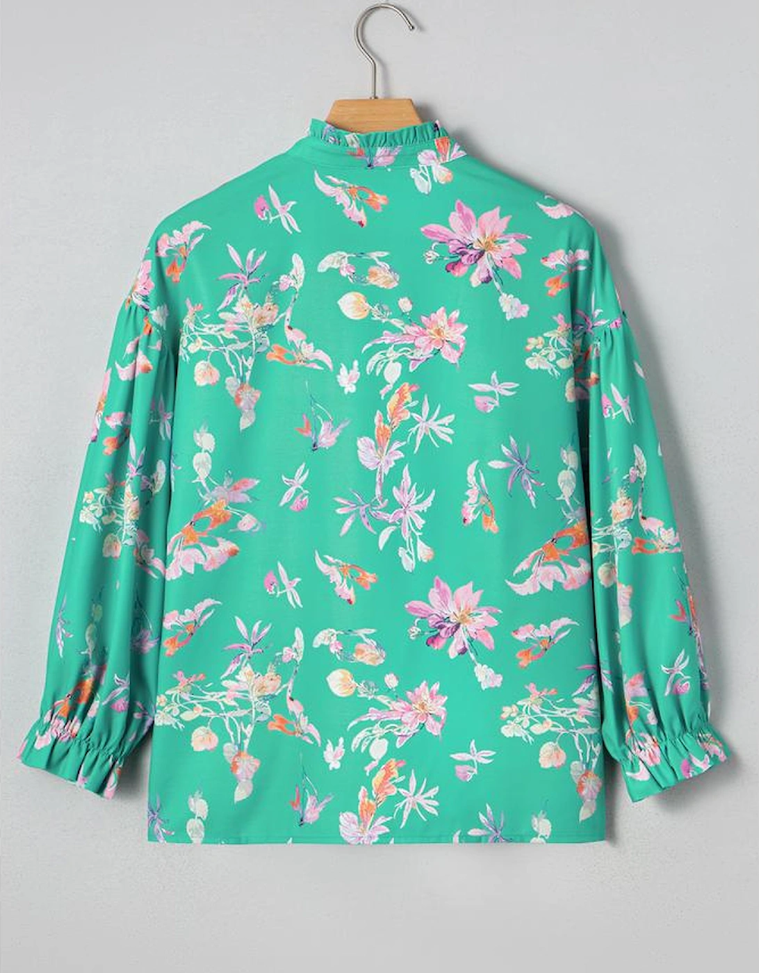 Green Floral Lantern Sleeve Button Front Shirt