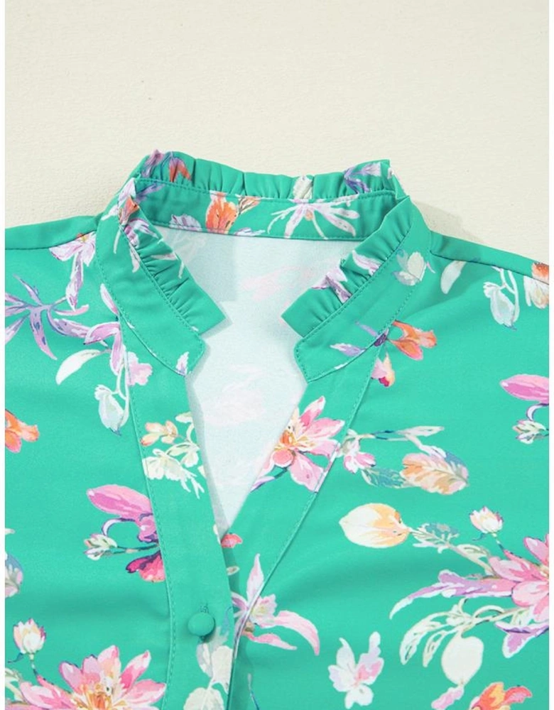 Green Floral Lantern Sleeve Button Front Shirt