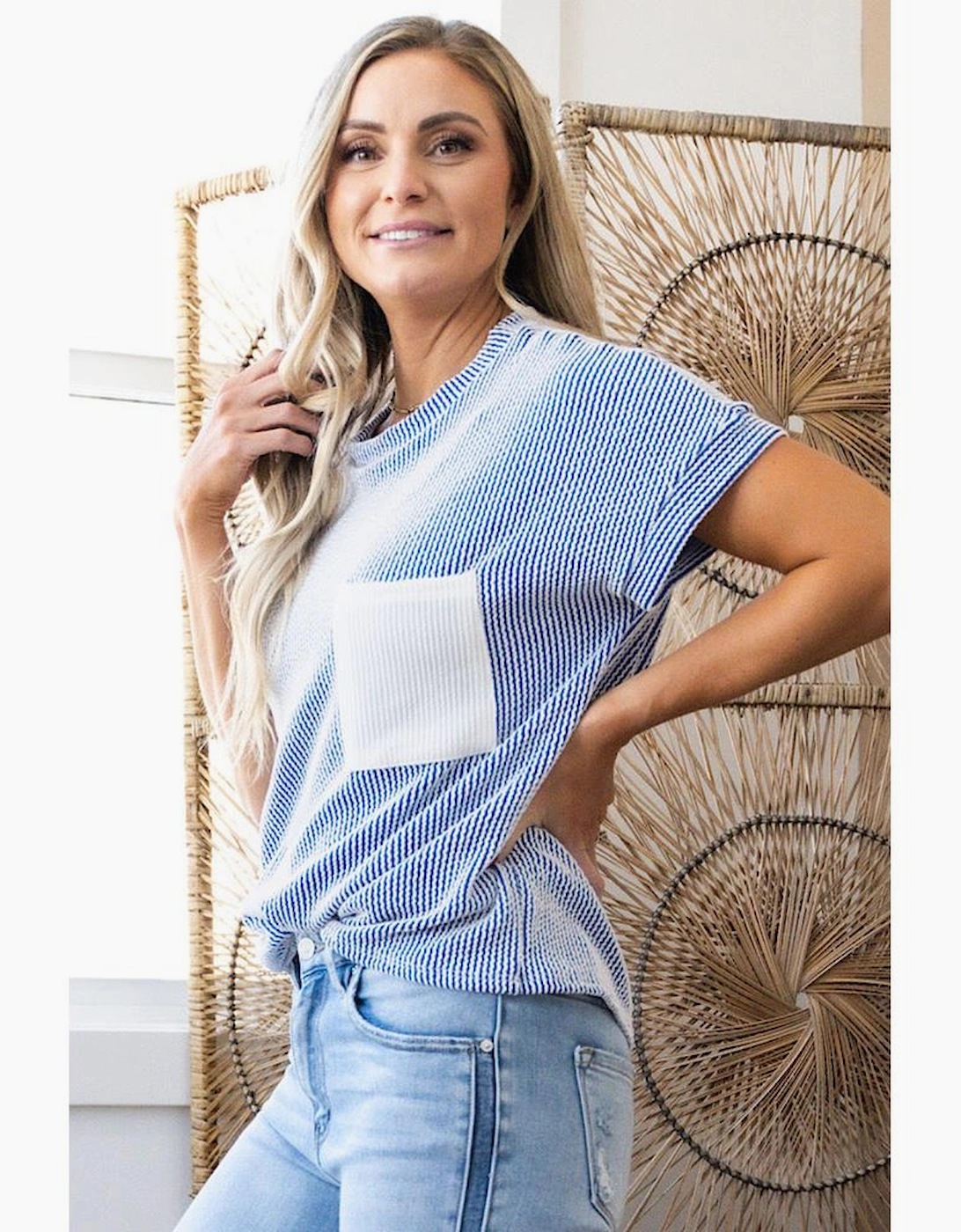 Dark Blue Corded Knit Color Block Pocketed Crew Neck T Shirt