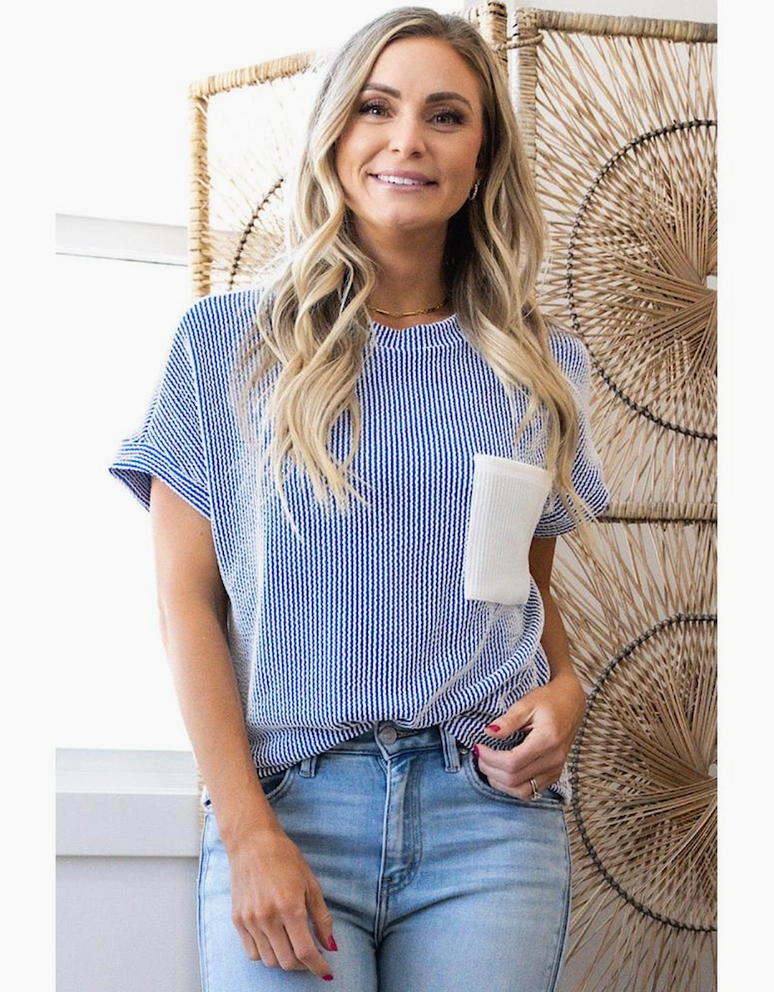 Dark Blue Corded Knit Color Block Pocketed Crew Neck T Shirt